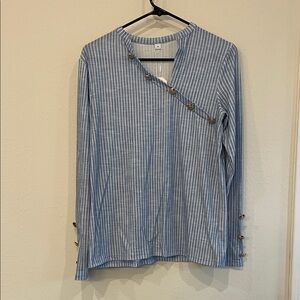 Striped Button Accent Long Sleeve Top - Light Blue & White